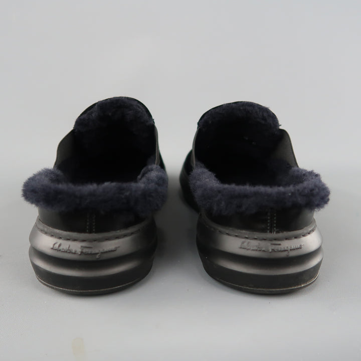 SALVATORE FERRAGAMO Size 11 Black Velvet Fur Lined Slip Loafers