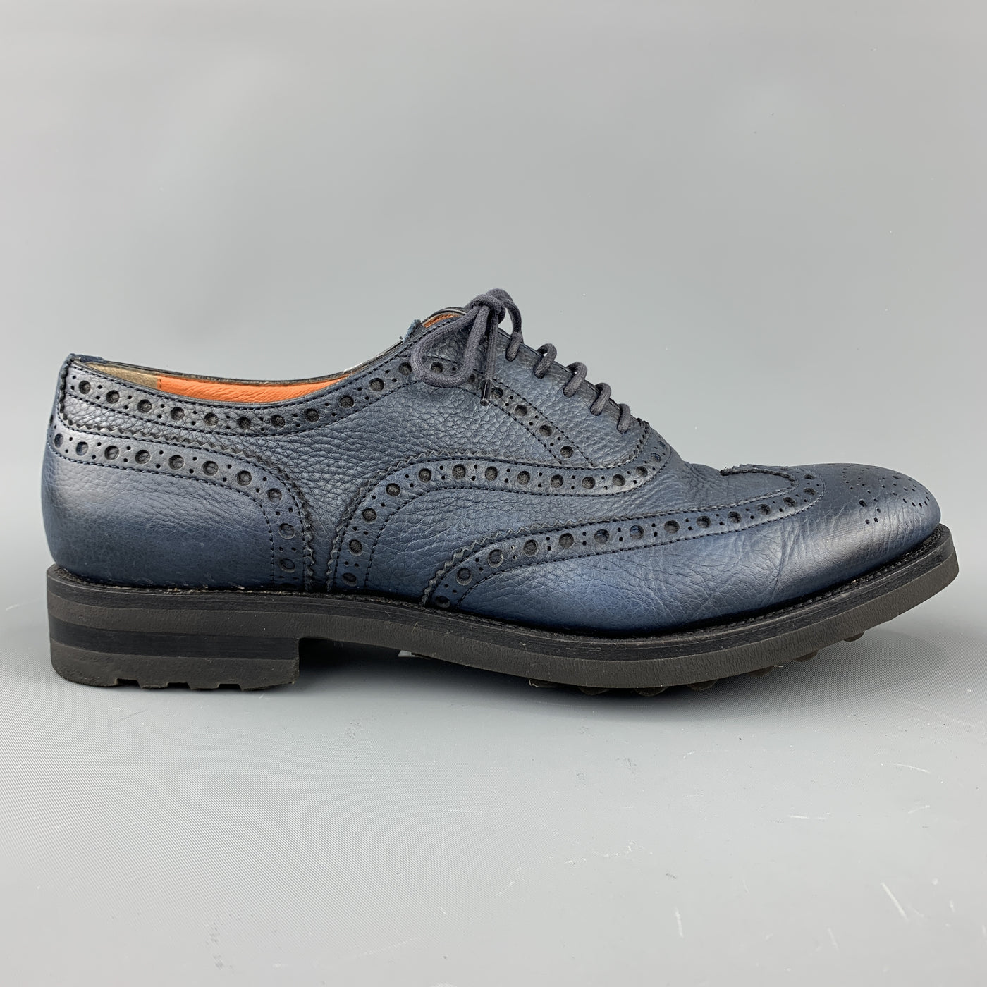 SANTONI Size 10 Navy Leather Wingtip Rubber Sole Lace Up Brogues