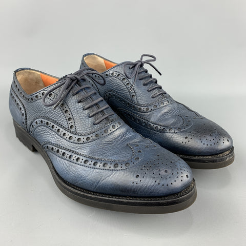 SANTONI Size 10 Navy Leather Wingtip Rubber Sole Lace Up Brogues