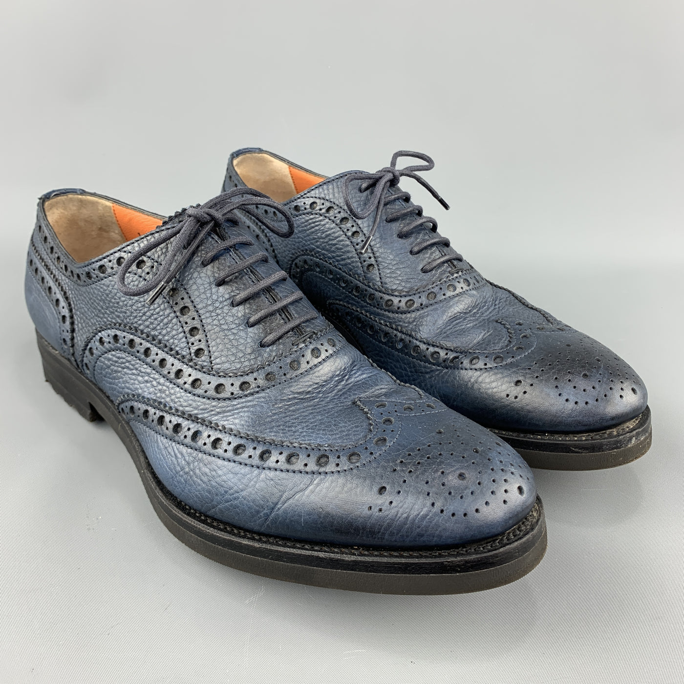 SANTONI Size 10 Navy Leather Wingtip Rubber Sole Lace Up Brogues