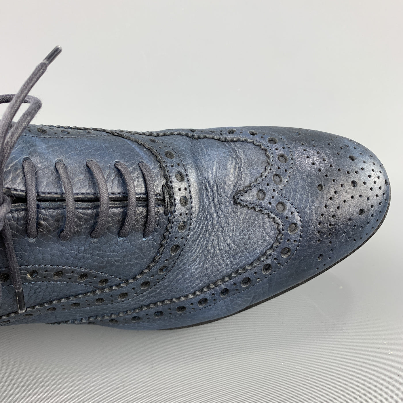 SANTONI Size 10 Navy Leather Wingtip Rubber Sole Lace Up Brogues