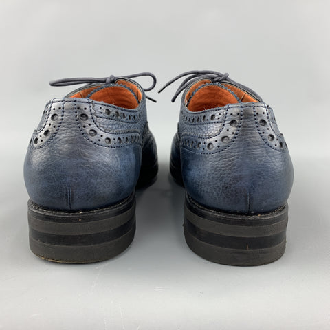 SANTONI Size 10 Navy Leather Wingtip Rubber Sole Lace Up Brogues
