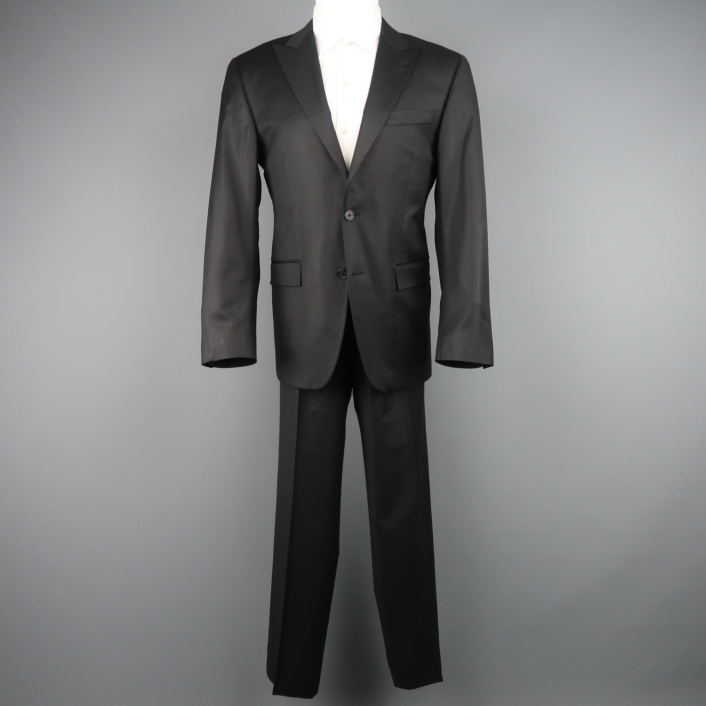 SPURR 40 Regular Black Shiny Wool Peak Lapel 32x30 Suit