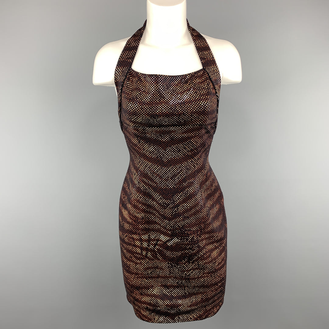 ST. JOHN Size 2 Black Knit Tiger Print Sequin Overlay Halter Dress