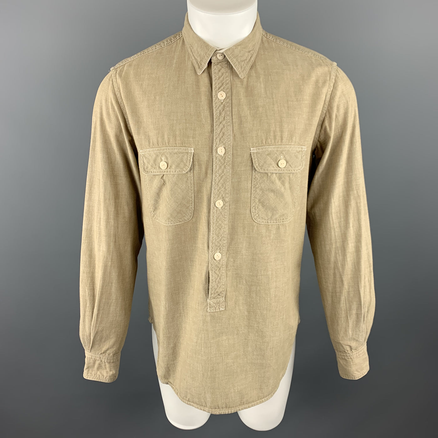 STEVEN ALAN Size M Khaki Solid Cotton Popover Long Sleeve Shirt