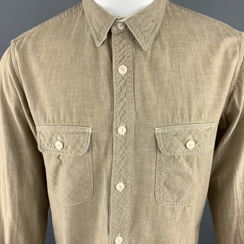 STEVEN ALAN Size M Khaki Solid Cotton Popover Long Sleeve Shirt