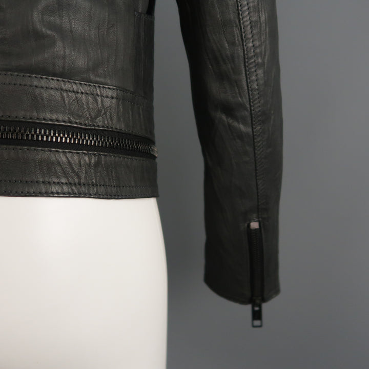 SUPERFINE Size L Grey Textured Leather Biker Jacket