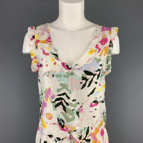 THAKOON Size 4 White Floral Print Silk Sleeveless Shift Dress