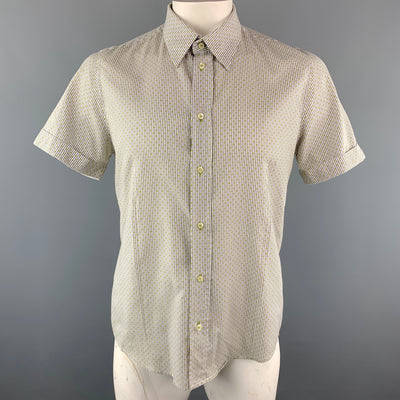 THE END Size XL White & Olive Stripe Polyester / Cotton Short Sleeve Shirt