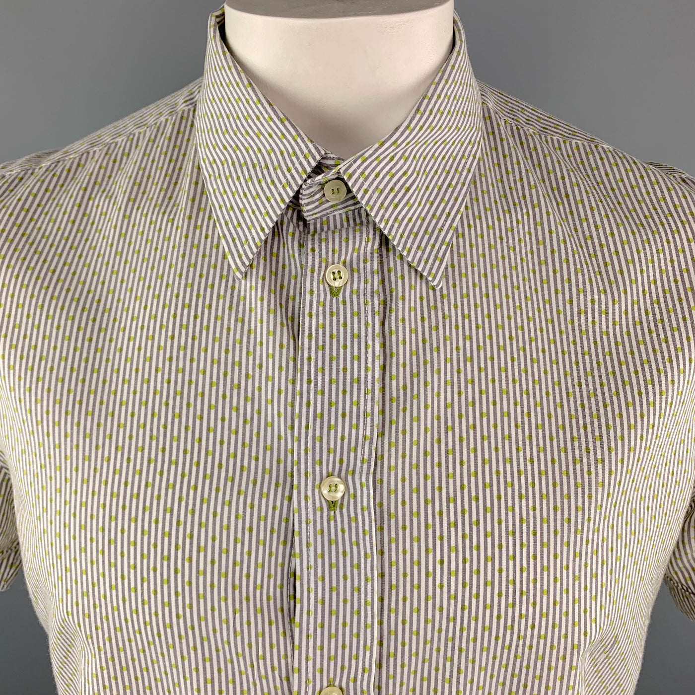 THE END Size XL White & Olive Stripe Polyester / Cotton Short Sleeve Shirt