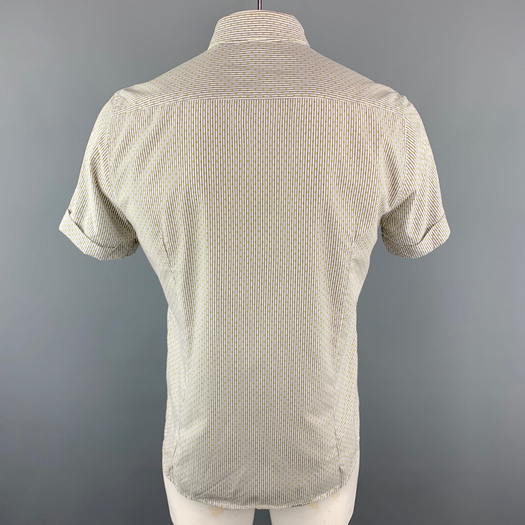 THE END Size XL White & Olive Stripe Polyester / Cotton Short Sleeve Shirt