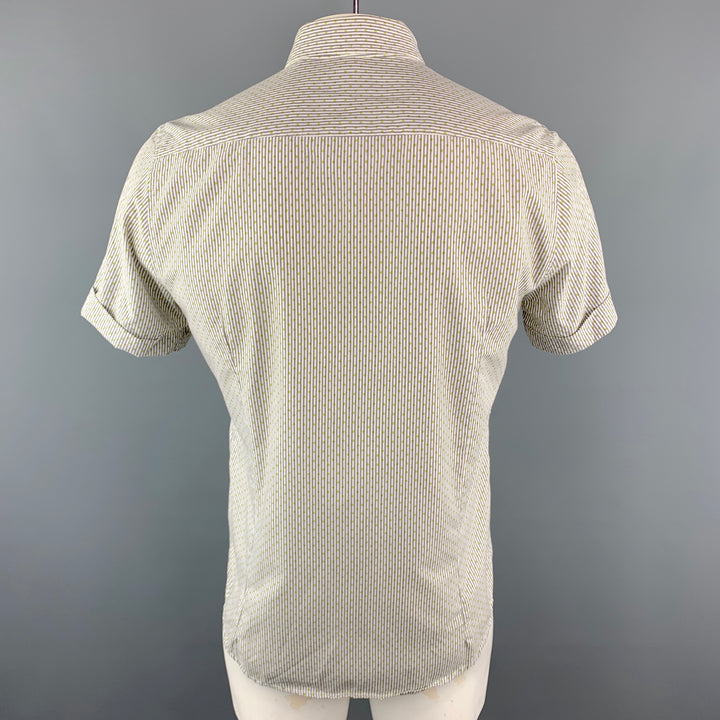 THE END Size XL White & Olive Stripe Polyester / Cotton Short Sleeve Shirt