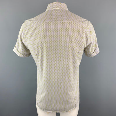 THE END Size XL White & Olive Stripe Polyester / Cotton Short Sleeve Shirt