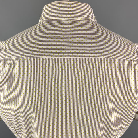 THE END Size XL White & Olive Stripe Polyester / Cotton Short Sleeve Shirt