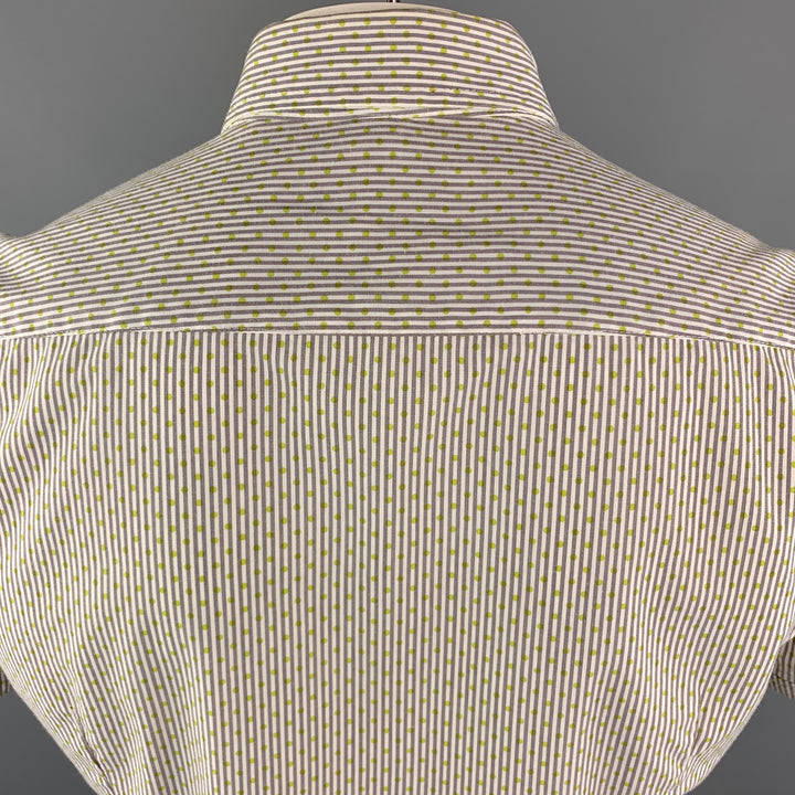 THE END Size XL White & Olive Stripe Polyester / Cotton Short Sleeve Shirt