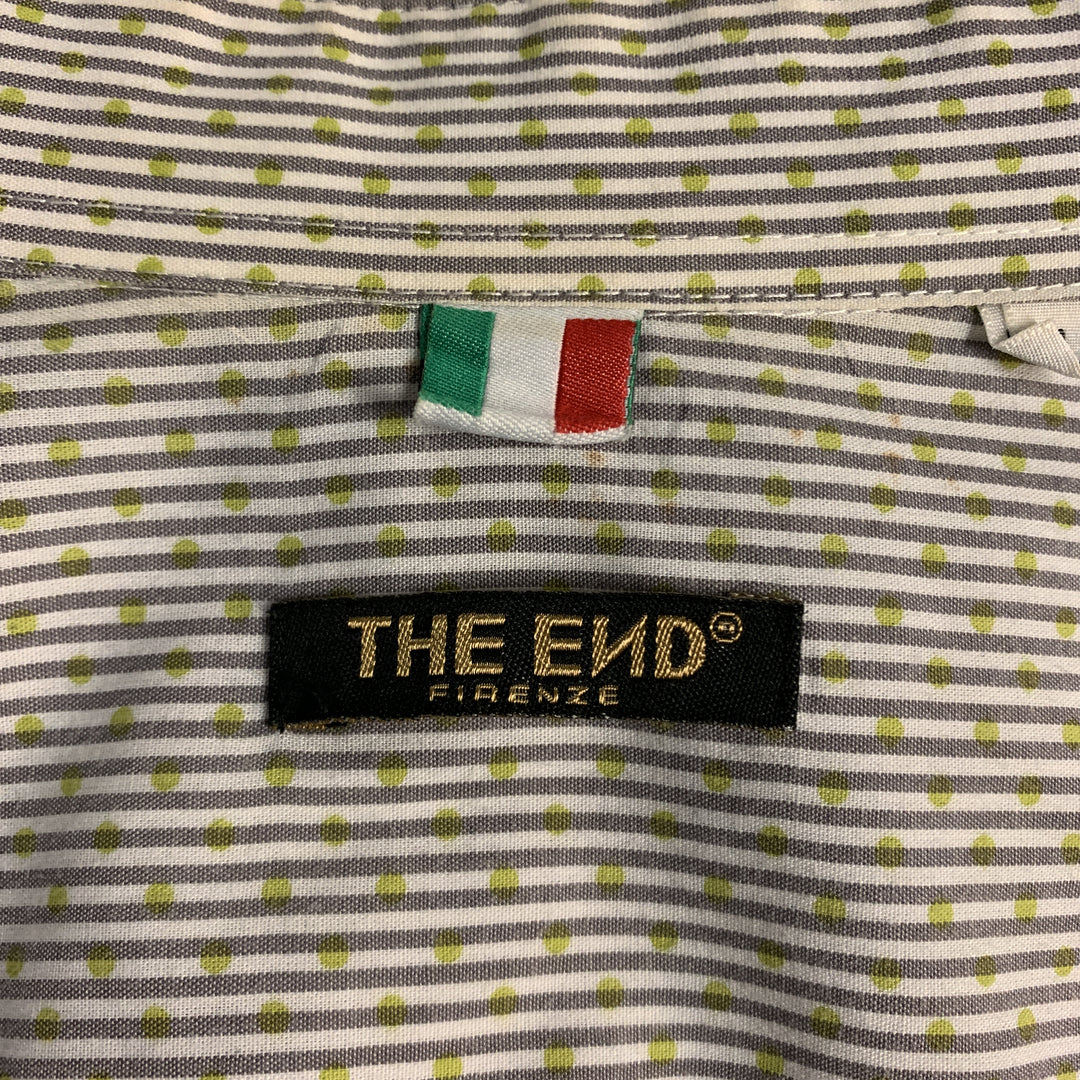 THE END Size XL White & Olive Stripe Polyester / Cotton Short Sleeve Shirt