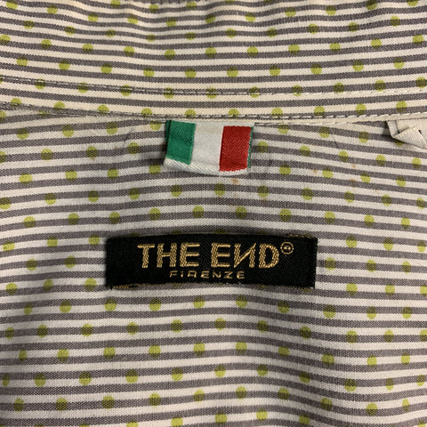 THE END Size XL White & Olive Stripe Polyester / Cotton Short Sleeve Shirt
