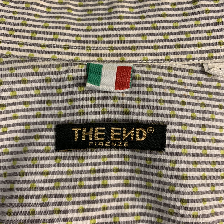 THE END Size XL White & Olive Stripe Polyester / Cotton Short Sleeve Shirt