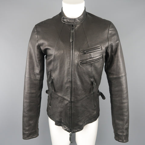 THE VIRIDI-ANNE 38 Black Lambskin Leather Band Collar Motorcycle Jacket