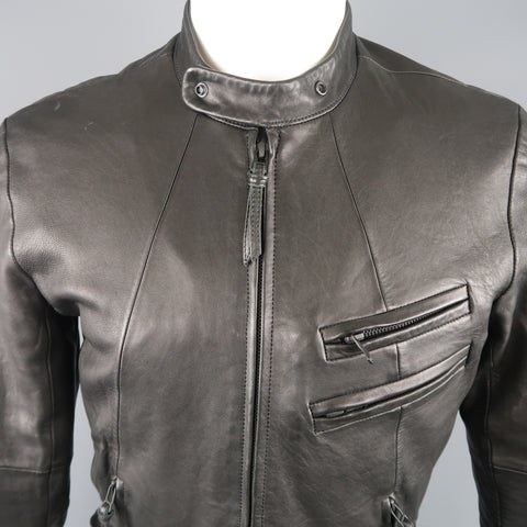 THE VIRIDI-ANNE 38 Black Lambskin Leather Band Collar Motorcycle Jacket