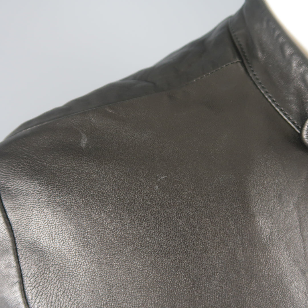 THE VIRIDI-ANNE 38 Black Lambskin Leather Band Collar Motorcycle Jacket