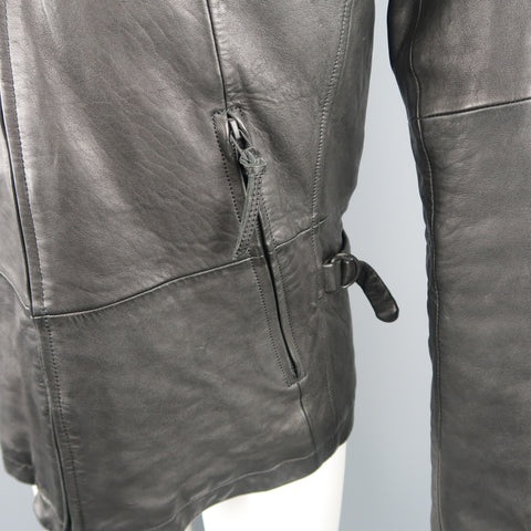 THE VIRIDI-ANNE 38 Black Lambskin Leather Band Collar Motorcycle Jacket