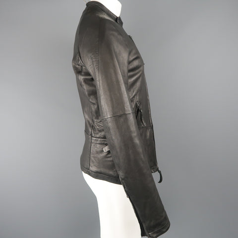 THE VIRIDI-ANNE 38 Black Lambskin Leather Band Collar Motorcycle Jacket