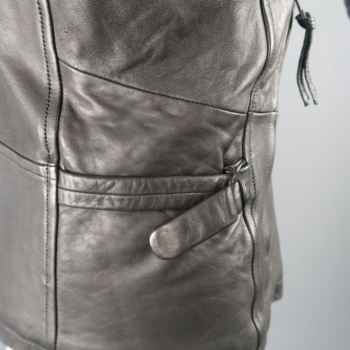 THE VIRIDI-ANNE 38 Black Lambskin Leather Band Collar Motorcycle Jacket
