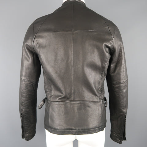 THE VIRIDI-ANNE 38 Black Lambskin Leather Band Collar Motorcycle Jacket