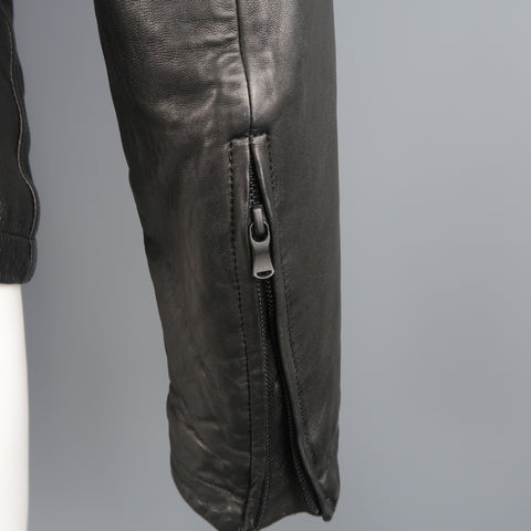 THE VIRIDI-ANNE 38 Black Lambskin Leather Band Collar Motorcycle Jacket