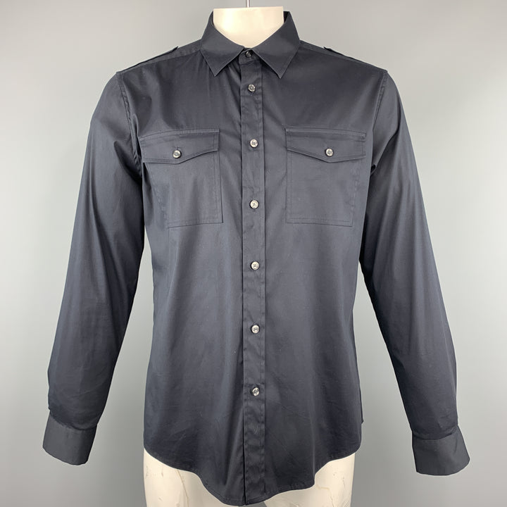 THEORY Size L Black Solid Cotton Blend Button Up Long Sleeve Shirt