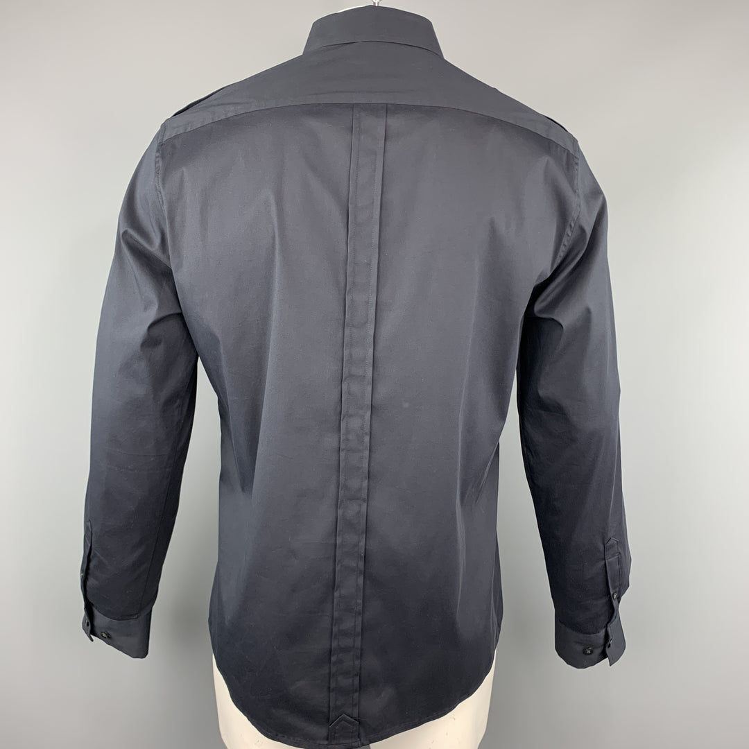 THEORY Size L Black Solid Cotton Blend Button Up Long Sleeve Shirt