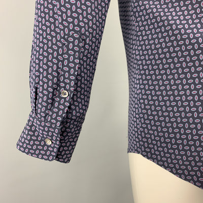 THEORY Size M Navy Print Silk Blend Button Up Long Sleeve Shirt