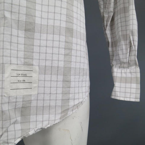 THOM BROWNE Size L Light Gray Cotton Long Sleeve Plaid Pattern Shirt