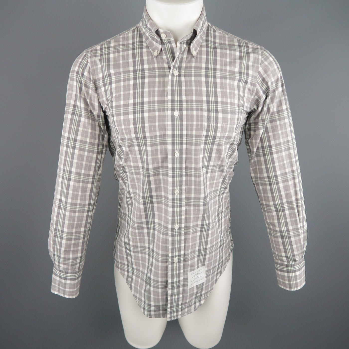 THOM BROWNE Size S Grey Plaid Cotton Button Down Long Sleeve Shirt