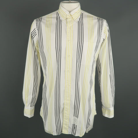 THOM BROWNE Size XL White & Black & Yellow Stripe Cotton Long Sleeve Shirt