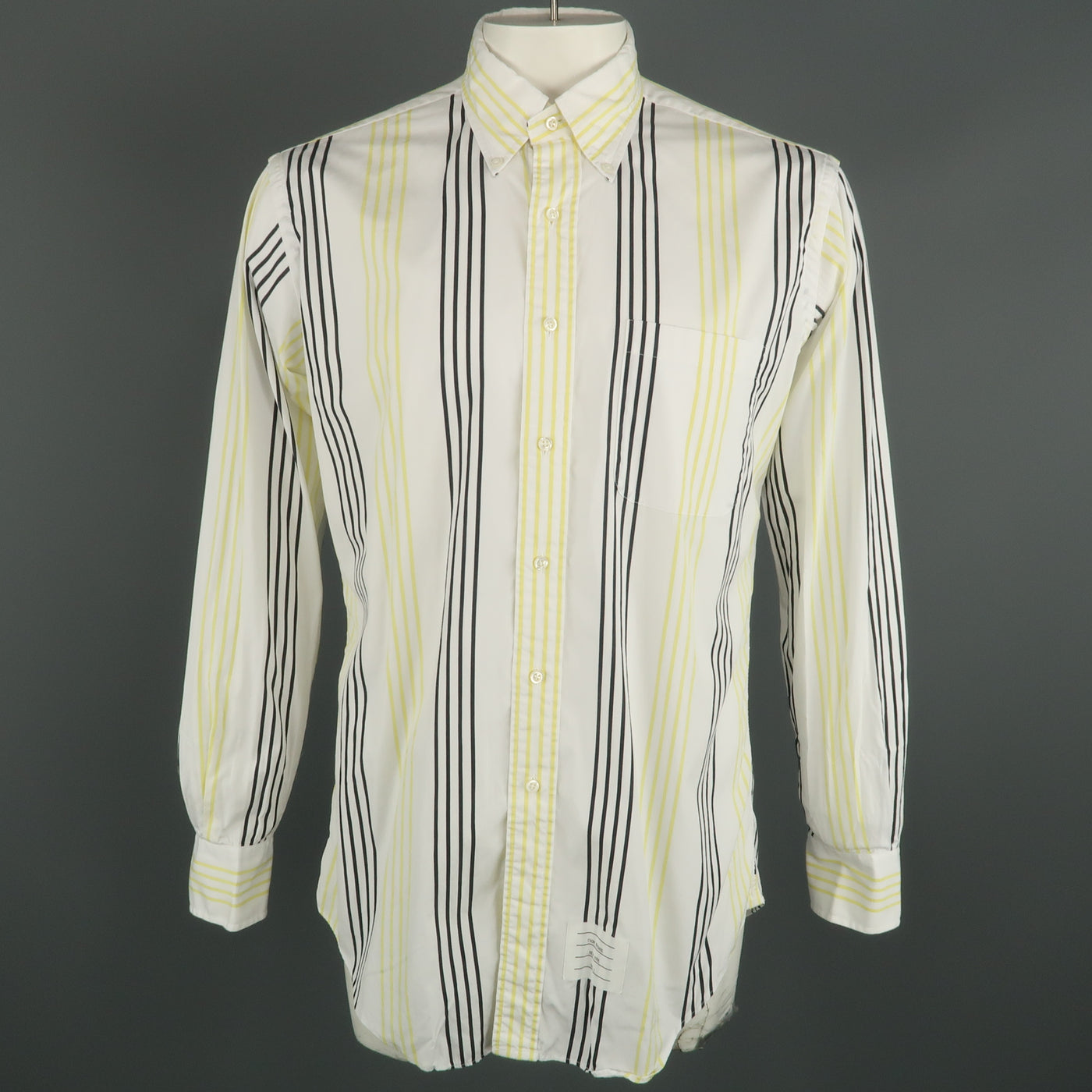 THOM BROWNE Size XL White & Black & Yellow Stripe Cotton Long Sleeve Shirt