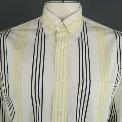 THOM BROWNE Size XL White & Black & Yellow Stripe Cotton Long Sleeve Shirt