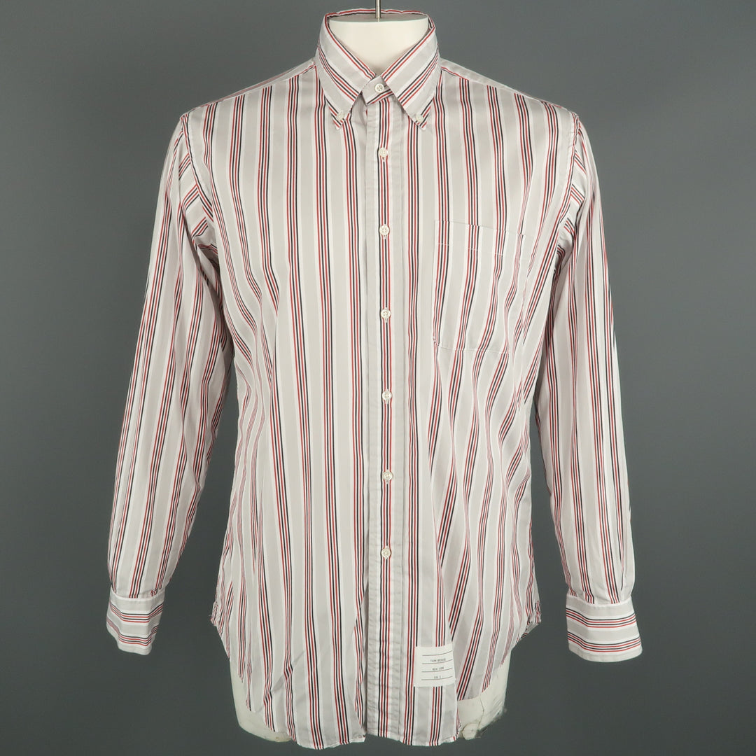 THOM BROWNE Size XXL Light Grey Stripe Cotton Button Down Long Sleeve Shirt