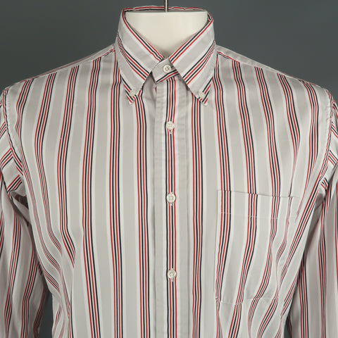 THOM BROWNE Size XXL Light Grey Stripe Cotton Button Down Long Sleeve Shirt