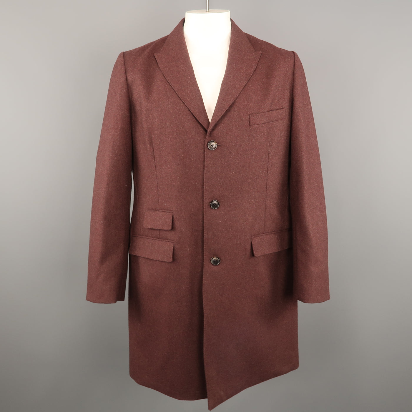 TODD SNYDER Chest Size L Burgundy Heather Wool Blend Peak Lapel Coat