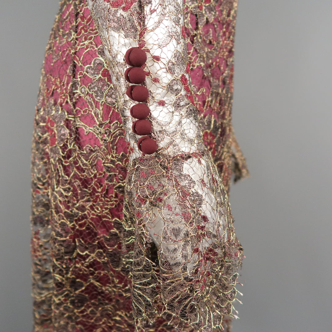 TOMASZ STARZEWSKI Size 10 Burgundy Metallic Lace Long Sleeve Cocktail Dress