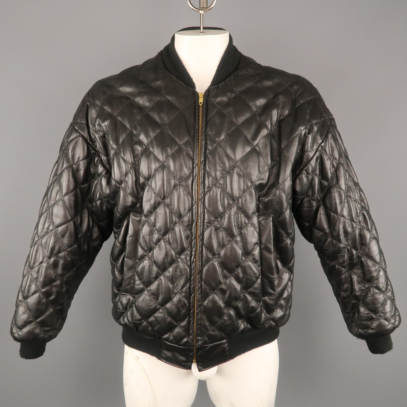 TROY ANICETE 42 Black Quilted Leather Bomber Jacket