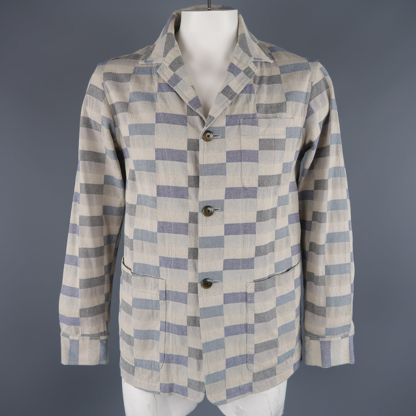 TS (S) L Grey & Navy Checkered Print Cotton Sport Coat Jacket