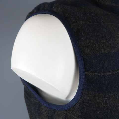 TS (S) L Navy & Olive Plaid Wool Reversible Down High Collar Vest