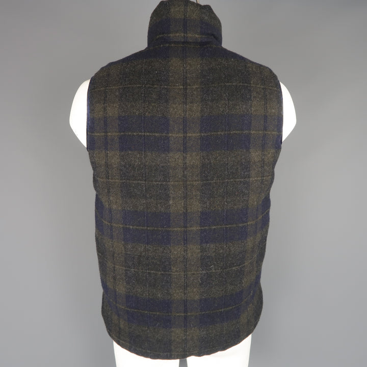 TS (S) L Navy & Olive Plaid Wool Reversible Down High Collar Vest