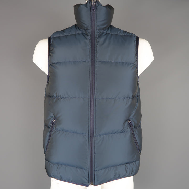 TS (S) L Navy & Olive Plaid Wool Reversible Down High Collar Vest