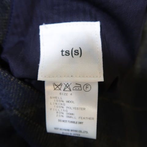 TS (S) L Navy & Olive Plaid Wool Reversible Down High Collar Vest