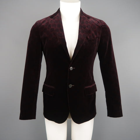 UNITED ARROWS Chest Size 34 Burgundy Print Velvet Notch Lapel Sport Coat