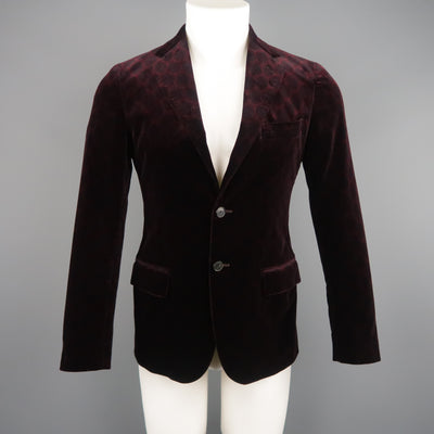UNITED ARROWS Chest Size 34 Burgundy Print Velvet Notch Lapel Sport Coat